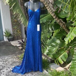 Sequin strap back formal dress with high front slip